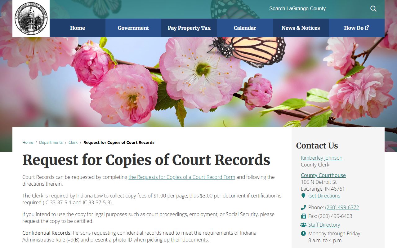 LaGrange County court records copy request page