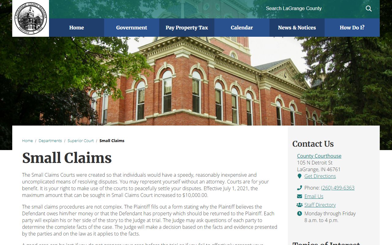 LaGrange County Superior Court small claims records