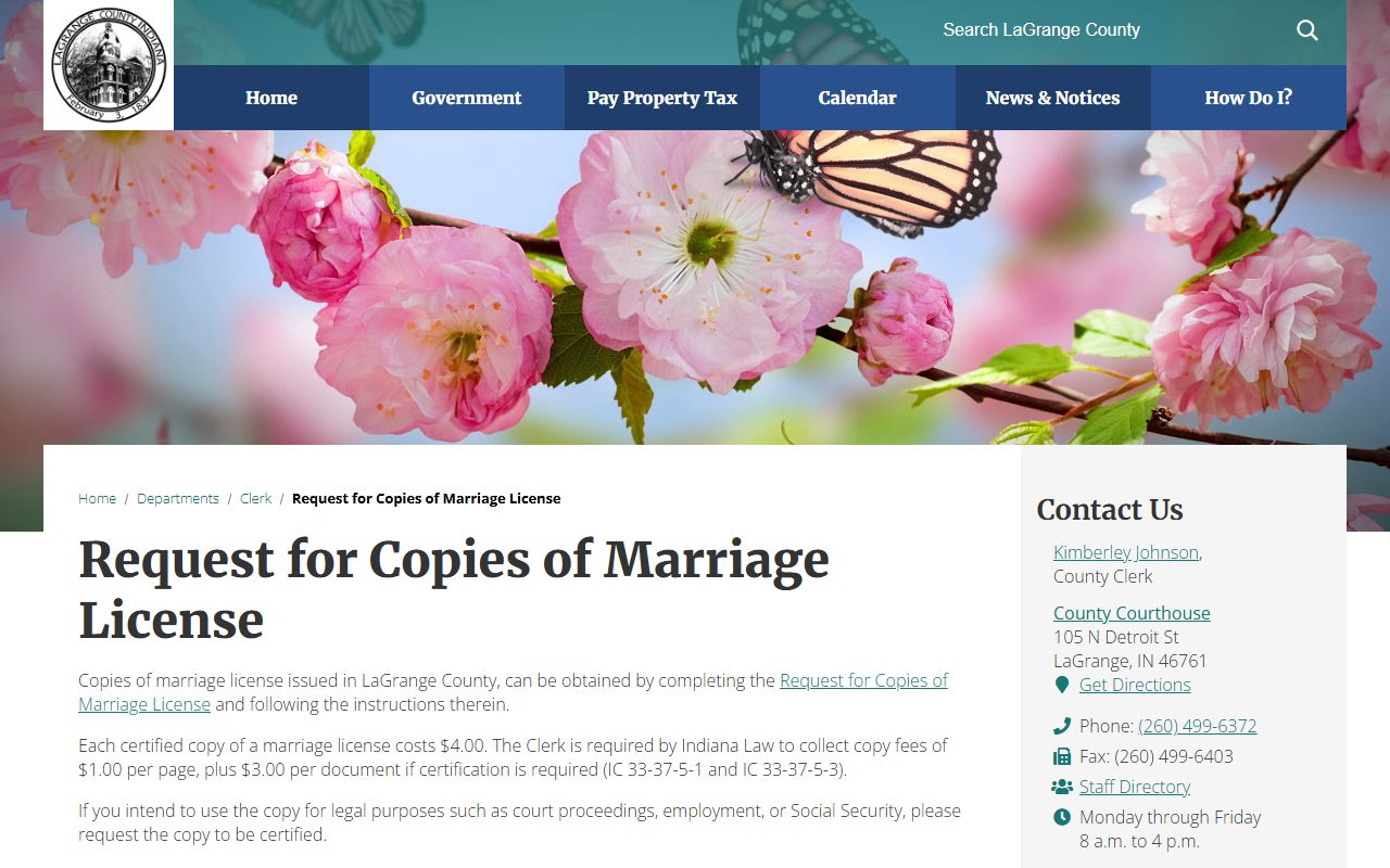 LaGrange County marriage records certified copy request page