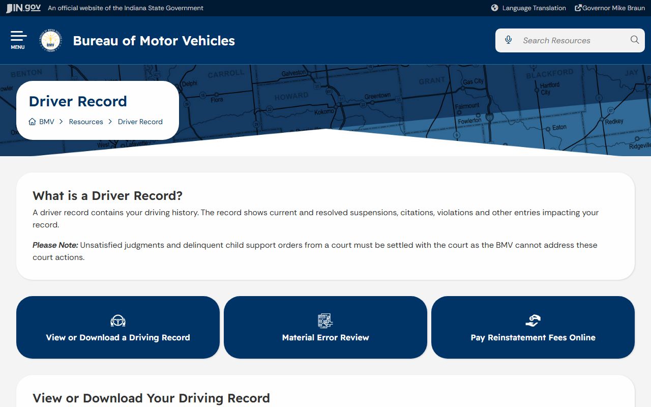 LaGrange County traffic court records BMV driver record page